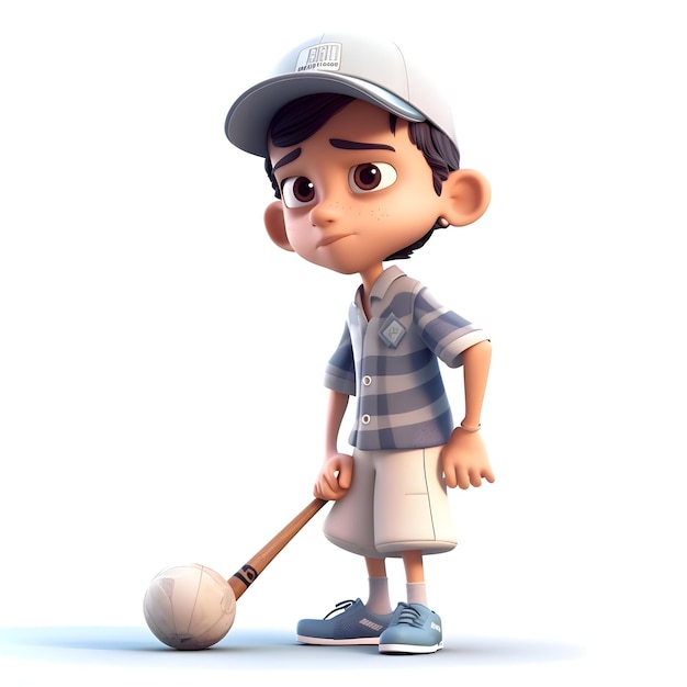 Rendering 3D d'un petit garçon avec une batte de baseball sur fond blanc