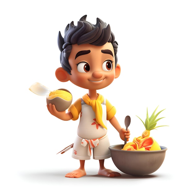 Rendering 3D d'un petit garçon avec un bol de fruits et une cuillère en bois