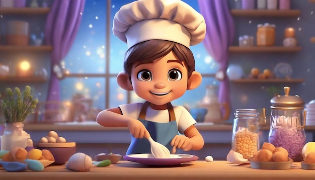 Rendering 3D d'un petit garçon avec un chapeau de chef en train de cuisiner
