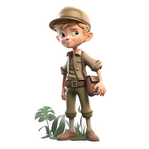 Rendering 3D d'un petit garçon avec un chapeau de safari et un uniforme