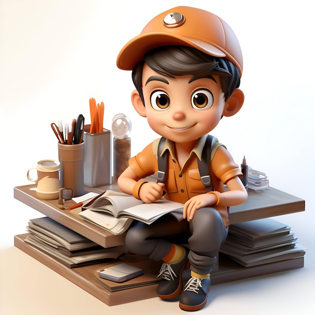 Photo rendering 3d d'un petit garçon avec un livre et un crayon à la main