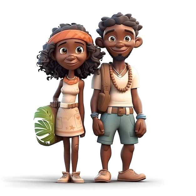 Rendering 3D d'un petit garçon et d'une petite fille noirs avec des sacs à dos