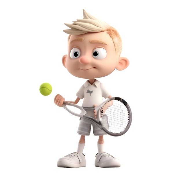 Photo rendering 3d d'un petit garçon avec une raquette de tennis et une balle