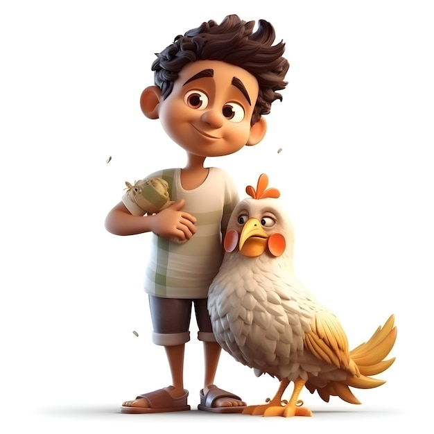 Rendering 3D d'un petit garçon avec son poulet et son coq