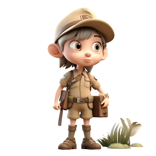 Rendering 3D d'un petit garçon en tenue de safari avec un chapeau et un sac