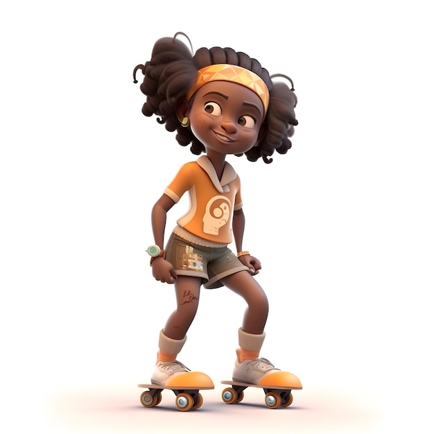 Rendering 3D d'une petite fille afro-américaine sur des patins à roulettes