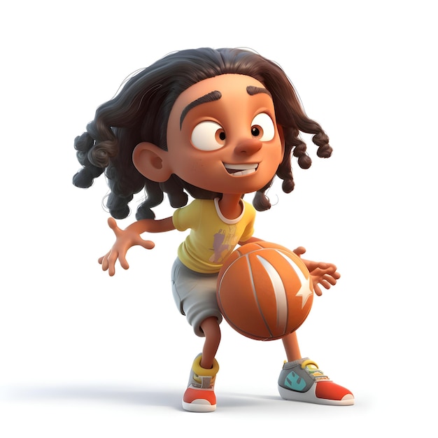 Rendering 3D d'une petite fille avec un basket isolé sur fond blanc