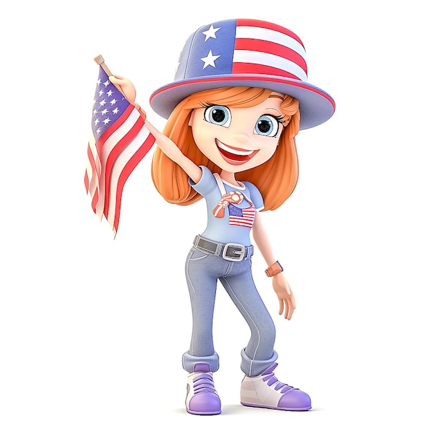 Rendering 3D d'une petite fille avec le drapeau des États-Unis sur fond blanc