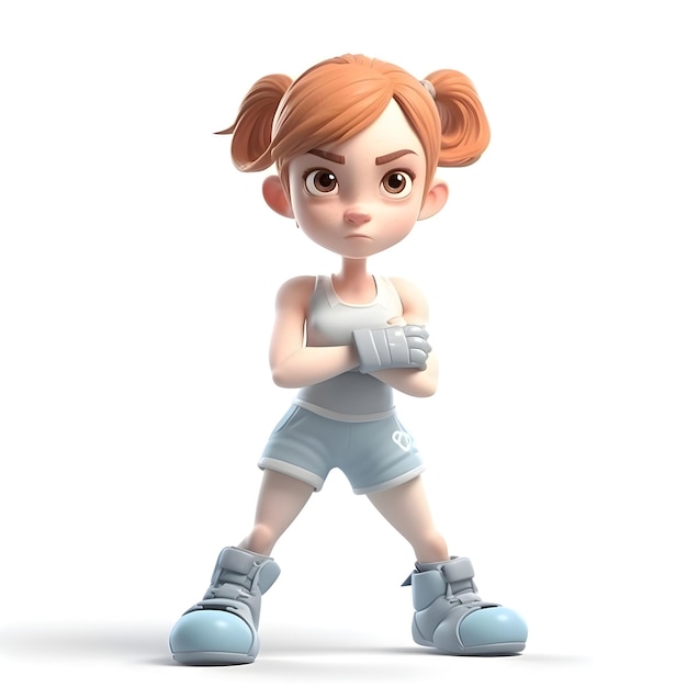 Rendering 3D d'une petite fille avec des gants de boxe sur fond blanc