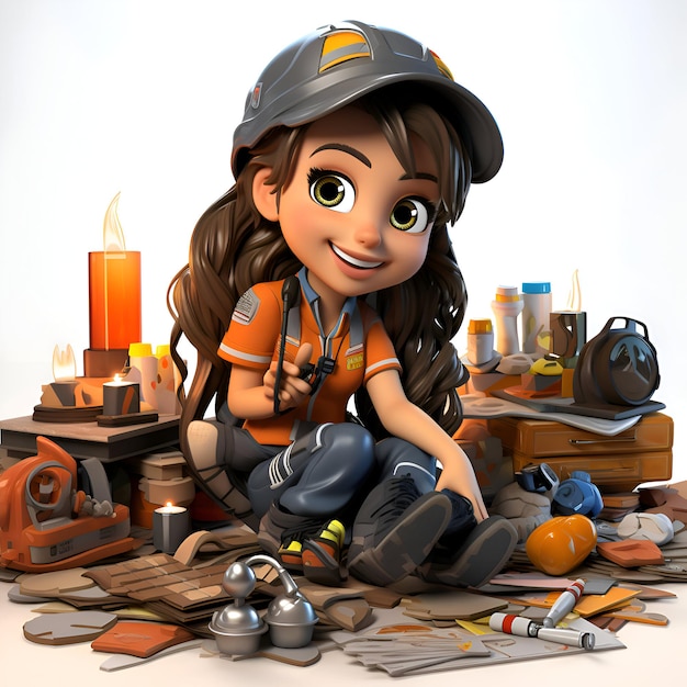 Rendering 3D d'une petite fille ouvrière de la construction avec des outils et de l'équipement