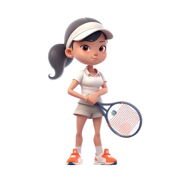 Rendering 3D d'une petite fille avec une raquette de tennis isolée sur fond blanc