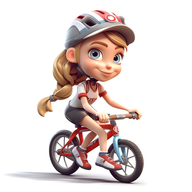 Rendering 3D d'une petite fille à vélo avec un casque sur fond blanc