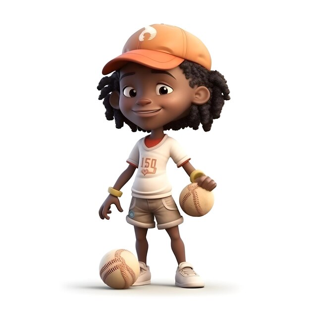 Rendering 3D d'une petite joueuse de baseball afro-américaine avec une balle