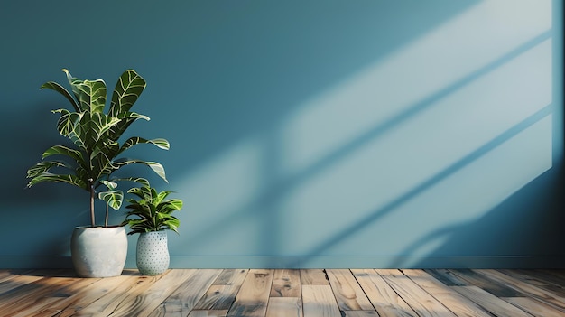 Rendering 3D d'une pièce intérieure avec un mur bleu et une plante verte
