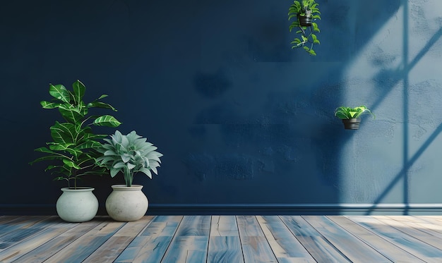 Rendering 3D d'une pièce intérieure avec un mur bleu et une plante verte