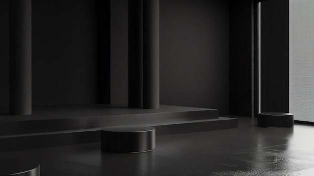 Rendering 3D d'une pièce sombre et mystérieuse avec un projecteur brillant sur un piédestal vide