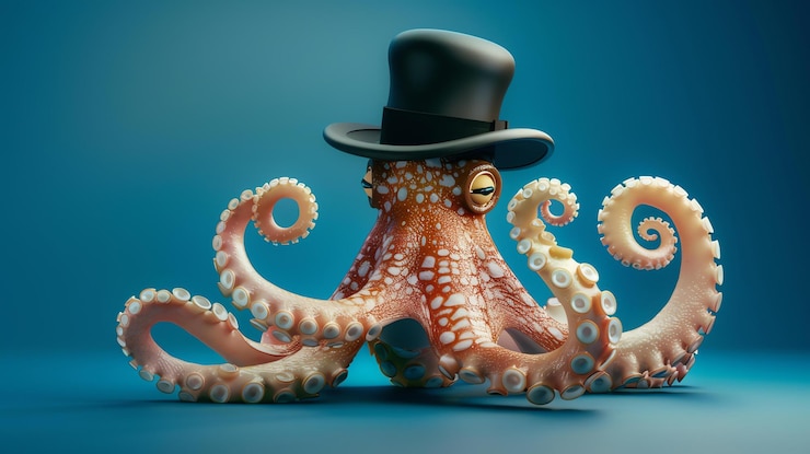 Photo rendering 3d d'une pieuvre portant un chapeau haut la pieuvre est assise sur un fond bleu et regarde la caméra