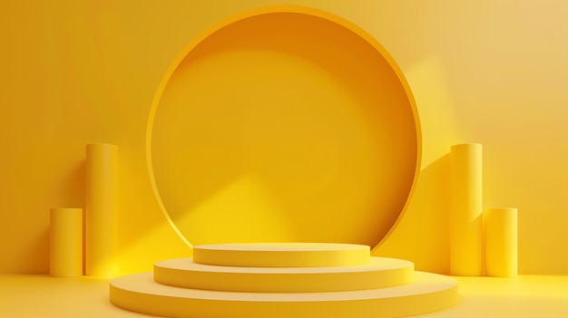 Rendering 3D d'un podium jaune avec un fond circulaire Le podium est composé de