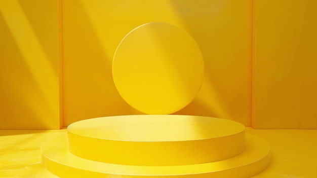Rendering 3D d'un podium jaune avec un grand cercle jaune sur le mur arrière Le podium est éclairé