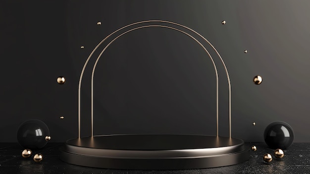 Rendering 3D d'un podium noir et or avec une arche dorée et des sphères éparpillées