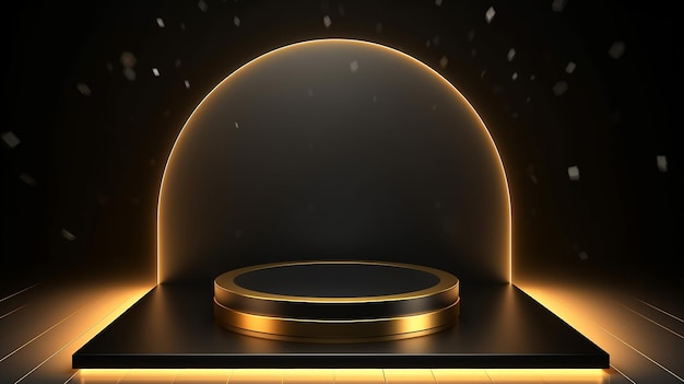 Photo rendering 3d d'un podium rond en or et en noir