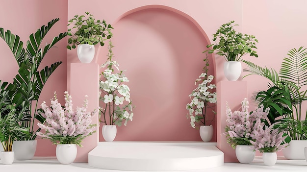 Rendering 3D d'un podium rose avec des plantes et des fleurs Le podium est entouré de plantes vertes luxuriantes et de fleurs roses délicates