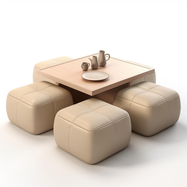 Rendering 3D réaliste d'une petite table à café sur des ottomans beige