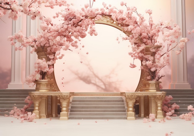 Rendering 3D réaliste podium rose pastel vide avec bouquet de fleurs de cerisier et rideau blanc soufflant affichage de produits de beauté arrière-plan AI génératif