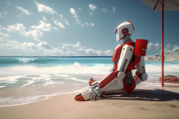 Rendering 3D d'un robot assis sur la plage et regardant la mer Un sauveteur robot d'IA futuriste regardant la plage