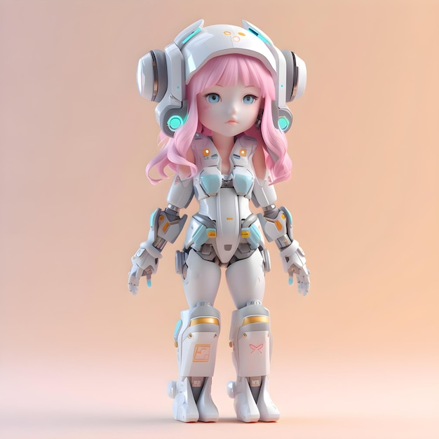 Rendering 3D d'un robot femelle avec des cheveux roses et des écouteurs