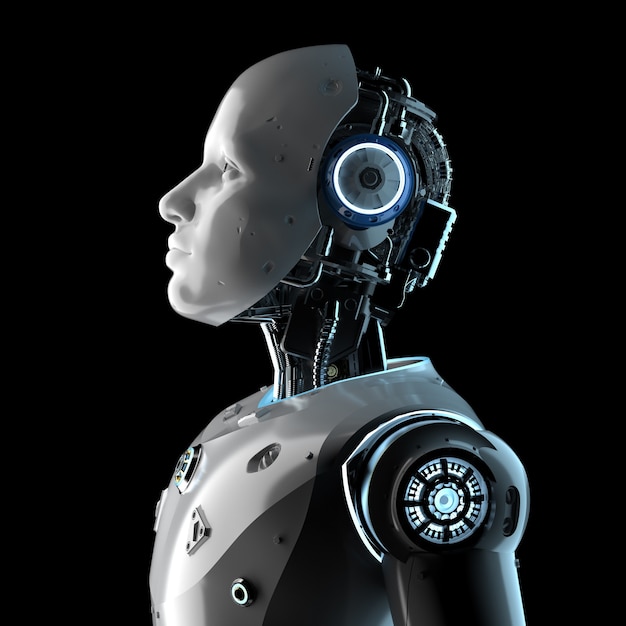 Rendering 3D d'un robot d'intelligence artificielle ou d'un cyborg isolé sur un fond noir