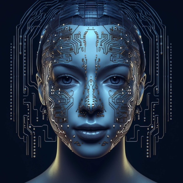Rendering 3D d'un robot d'intelligence artificielle ou d'une femme cyborg avec une carte de circuit imprimé