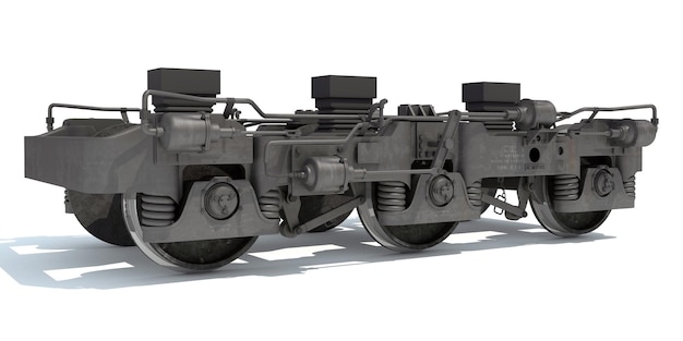 Rendering 3D des roues des camions de locomotive de train sur fond blanc