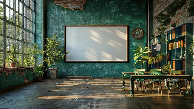 Photo rendering 3d d'une salle de classe vide moderne avec un tableau