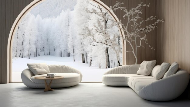 Photo rendering 3d d'un salon avec une vue d'arbre couvert de neige depuis une grande fenêtre