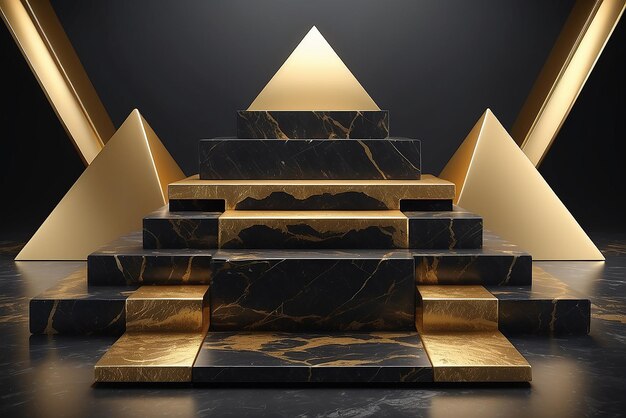 Photo rendering 3d d'une scène dorée abstraite colorée avec une pyramide texturée en marbre noir inversé