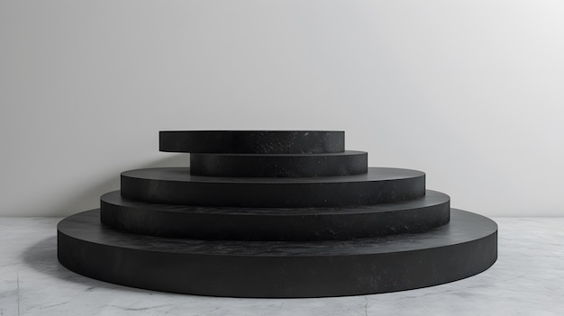 Rendering 3D d'une scène ronde noire ou d'un podium avec quatre marches sur un fond blanc