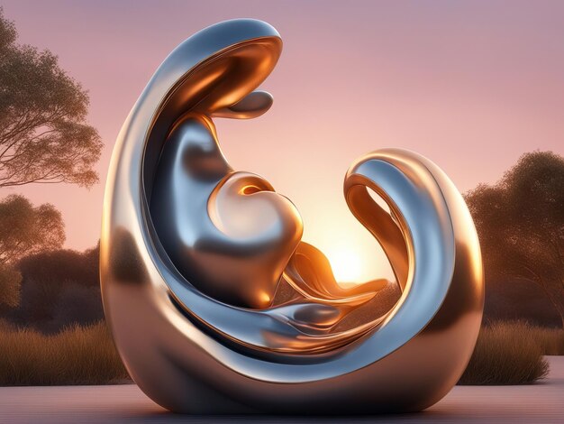 Photo rendering 3d d'une sculpture abstraite dans le désert au coucher du soleil généré par l'ia