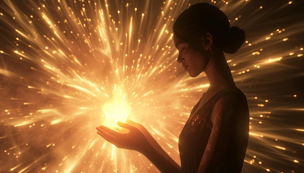 Photo rendering 3d simplifié d'une femme tenant un phare de lumière
