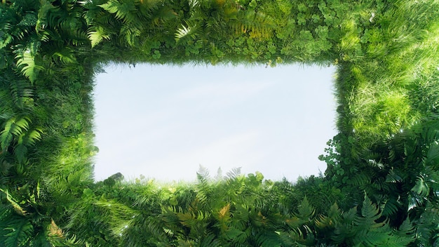 Rendering 3D d'une surface d'eau rectangulaire de champ de texte vide entourée de verdure fraîche