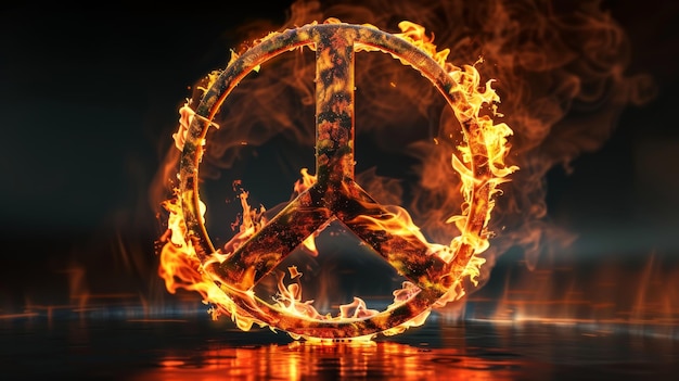 Rendering en 3D avec un symbole de paix rond sur un feu flamboyant emblème du Pacifique sur un fond noir flamme orange Concept de guerre