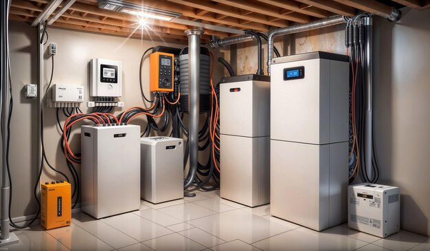 Photo rendering 3d d'un système de stockage d'énergie de batterie domestique dans le sous-sol d'une maison