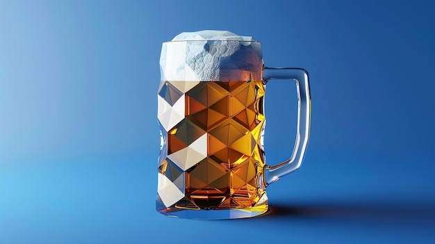 Photo rendering 3d d'une tasse de bière avec une texture de verre sur un fond bleu la tasse est remplie de bière et a une tête en mousse blanche