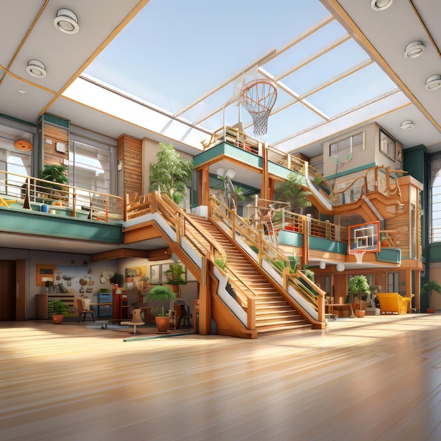 Rendering 3D d'un terrain de basket-ball dans un style loft avec des escaliers