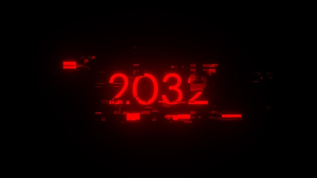 Rendering 3D de texte 2032 avec des effets d'écran de glitches technologiques