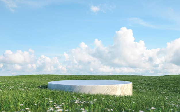 Rendering 3D de la toile de fond du podium en marbre avec un champ d'herbe et un fond de ciel