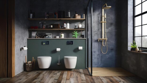 Photo rendering 3d de toilettes et de douches modernes au grenier avec plancher en bois