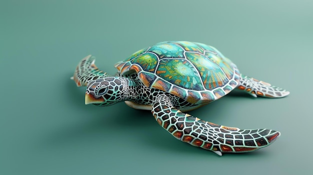 Rendering 3D d'une tortue de mer verte avec une coquille minutieusement détaillée La tortue est placée sur un fond vert solide qui la fait ressortir