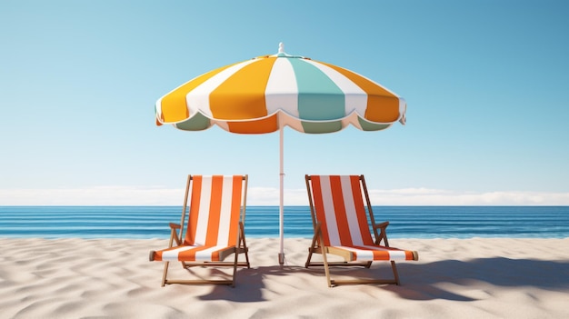 Rendering 3D des vacances d'été sur la plage avec un parapluie coloré et une chaise de plage
