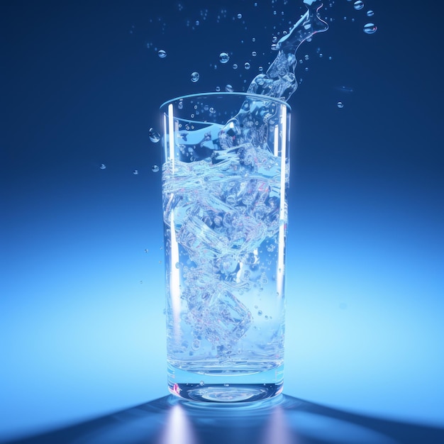 Rendering 3D vibrant de l'eau de Seltzer éclaboussant dans le verre